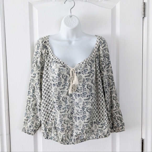 AMERICAN Eagle boho embroidered v neck 100% viscose blue white blouse Large T2 - Picture 2 of 11